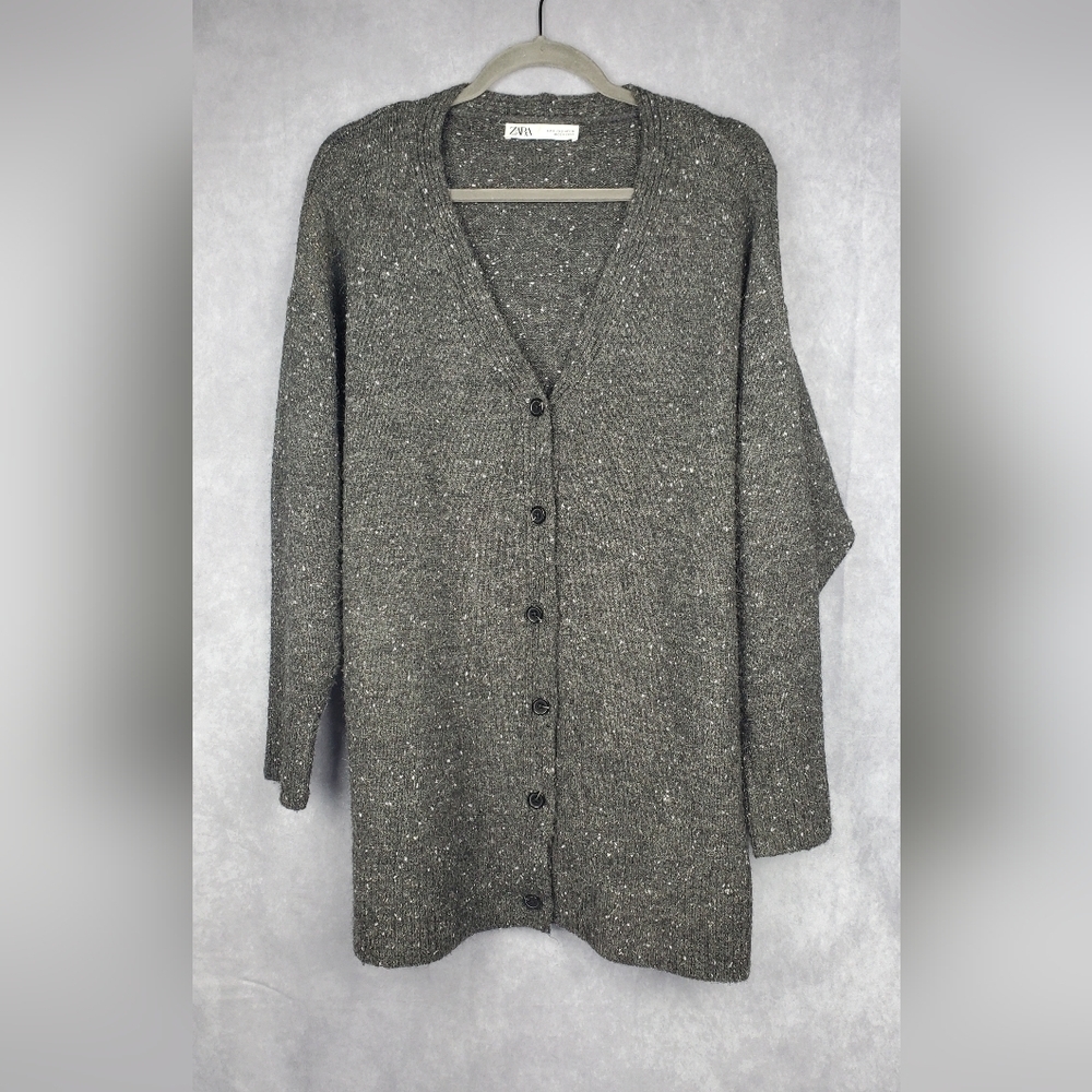 ZARA RIB TRIM KNIT WOOL CONTENT GREY‎ CARDIGAN SIZE SMALL